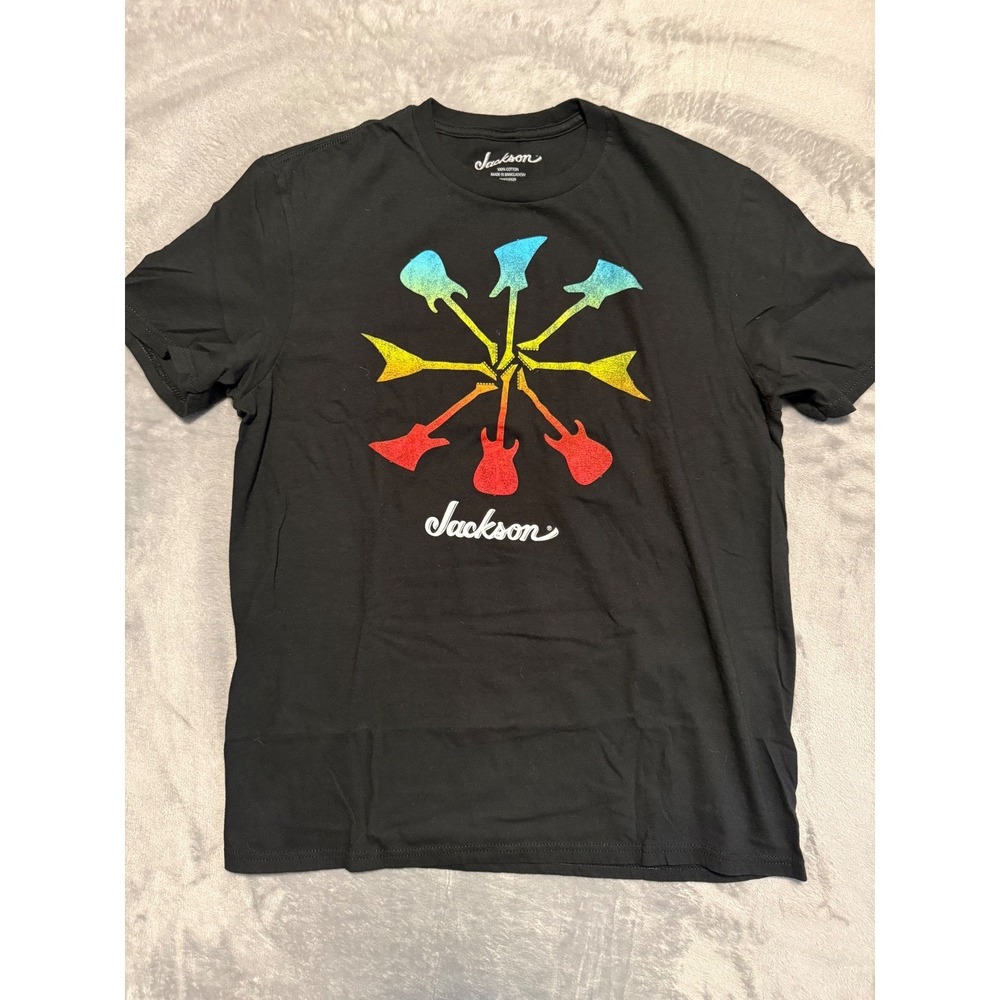 Jackson Graphic T-Shirt Mens Medium Black Rainbow Guitar Logo 100% Cotton